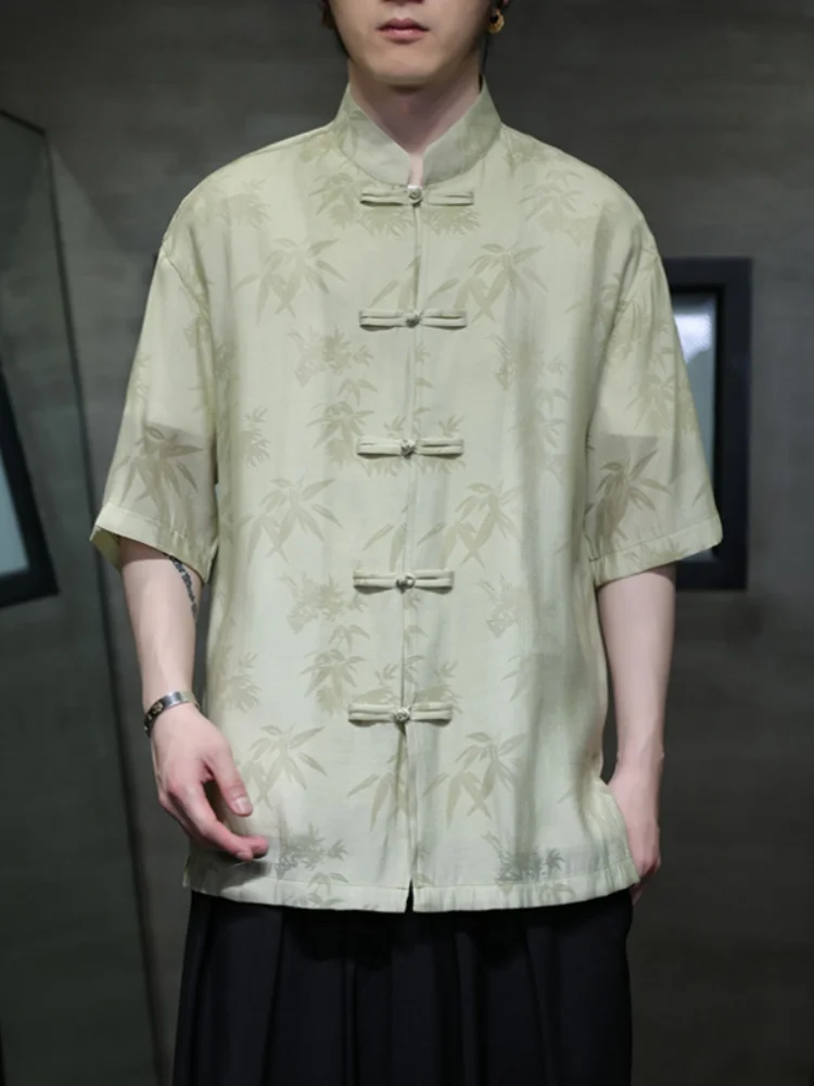 

Ice Silk ort Sve irt Men's New Chinese Sle Button Stand Collar Tang Sle k Pattern High End Feeling irt