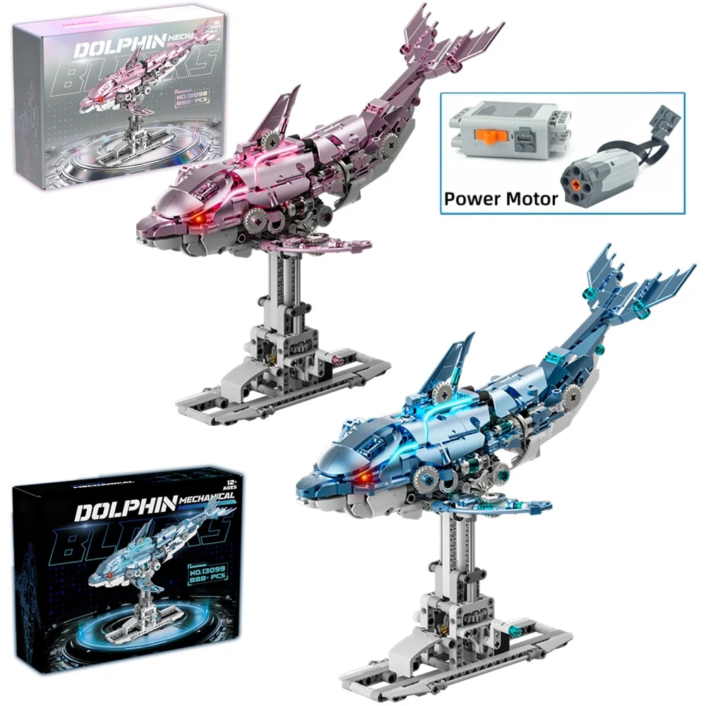 NEW Mechanical Dolphin Building Blocks Set with Lighting Linkage Motion Ocean Animal Model  Christmas birthday gifts 888PCS