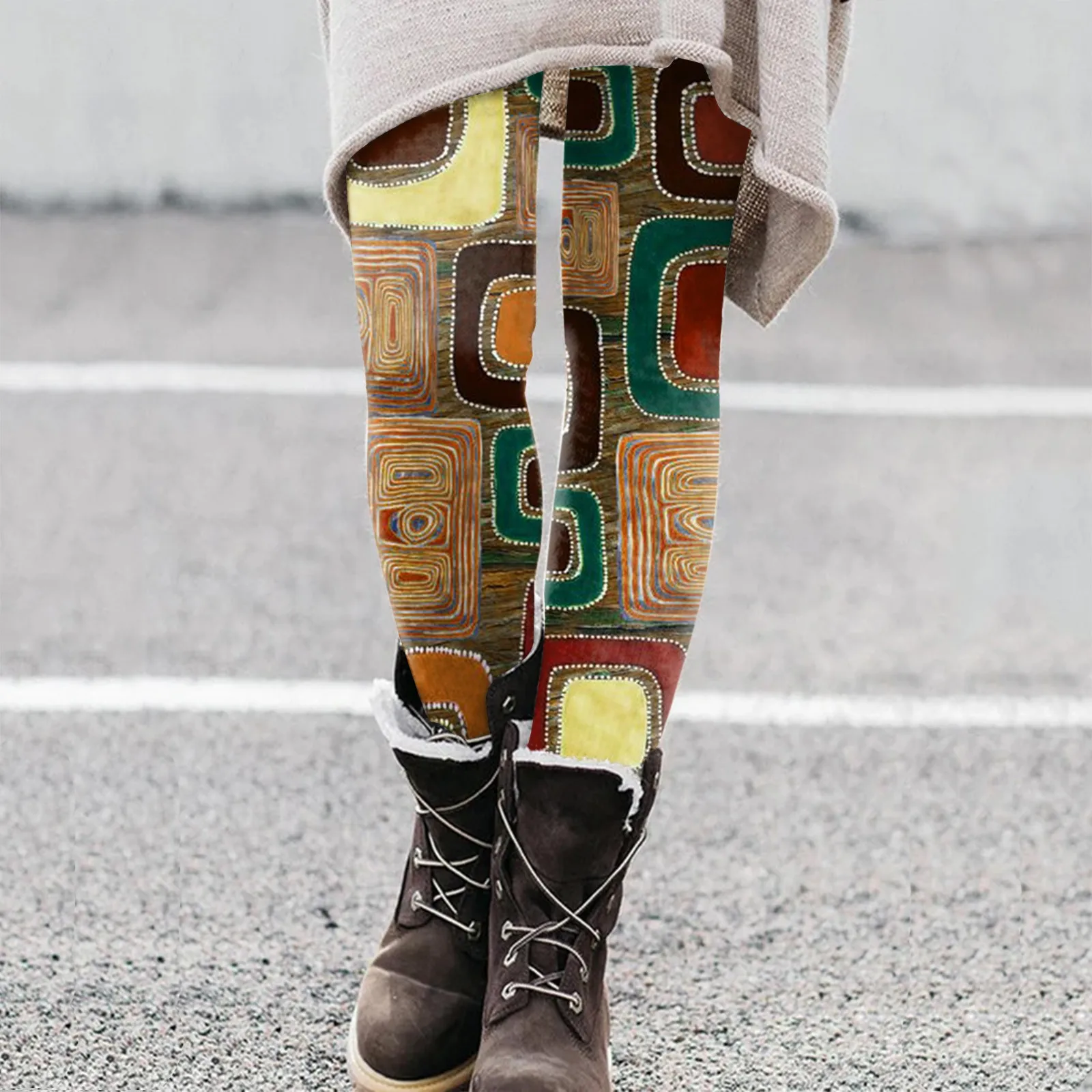 Leggings Met Retro Print Dames Lente En Herfst Casual Aztec Bootbroek Met Geometrische Print, Skinny Jeggings Westerse Etnische Broekjes