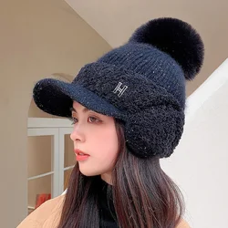 CNTANG Winter Women Ear Protection Baseball Cap Letters Thickened Fur Ball Caps Fashion Knitting Warm Ladies Duck Tongue Hat