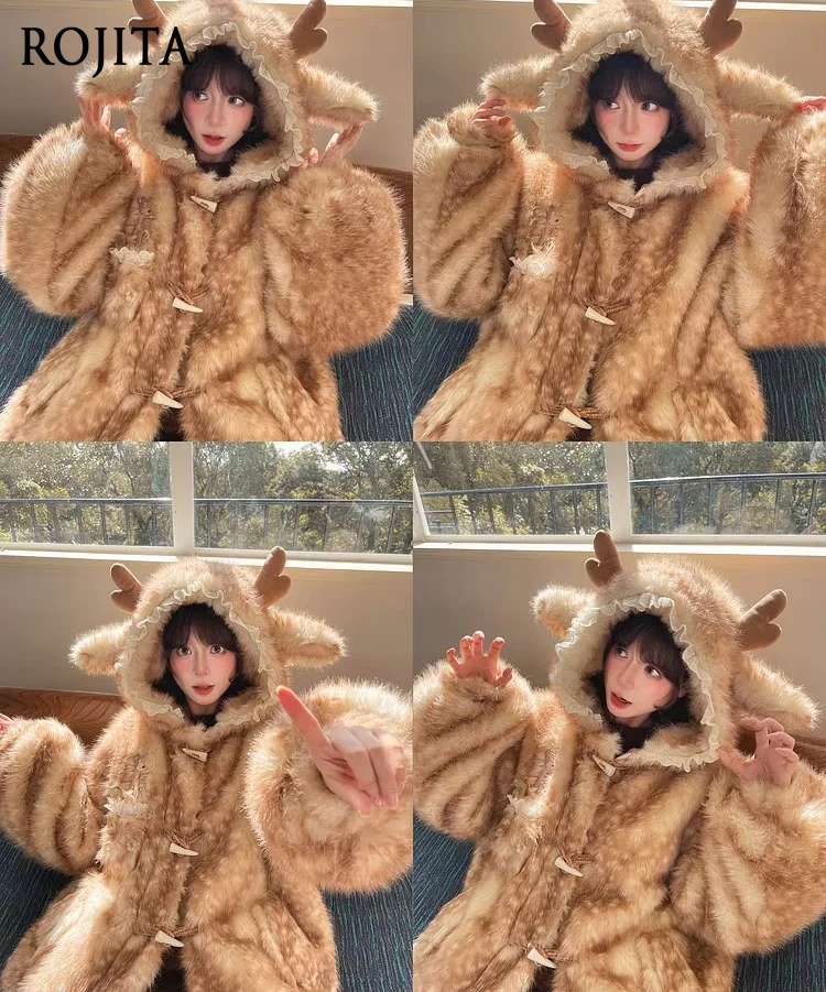 Kawaii Deer Horn Hooded Fuzzy Faux Fur Jacket Sweet Lace Trim Toggle Buttons Loose Warm Winter Coat for Girls