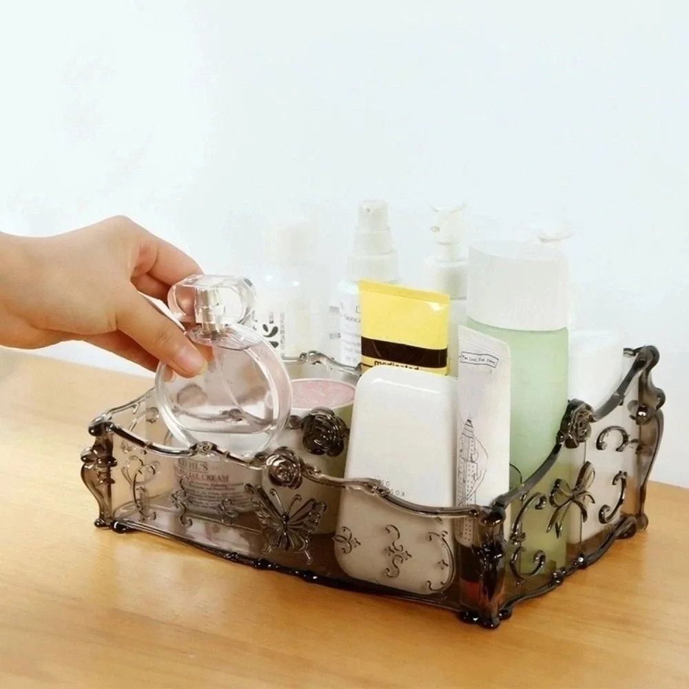 

Plastic Makeup Organizer Clear Flower Multi Grid Cosmetic Storage Box Large Capacity European Style Desktop Display Case