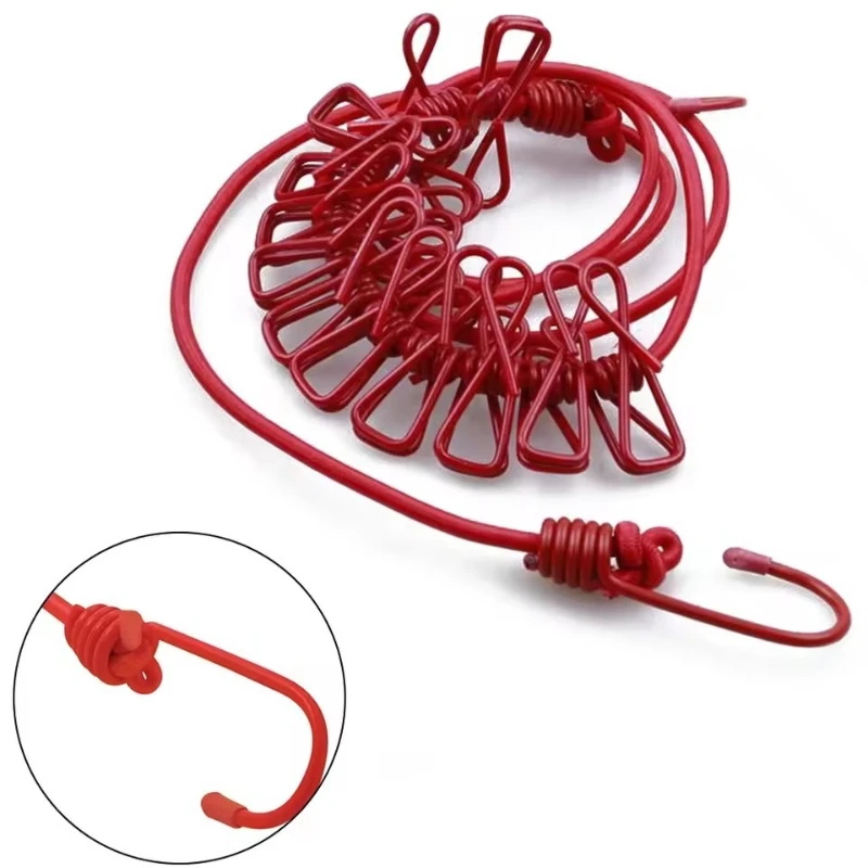 حبل غسيل محمول مع 12 مشبك غسيل، حبل غسيل مرن قابل للتمدد وقابل للسحب للاستخدام في الهواء الطلق