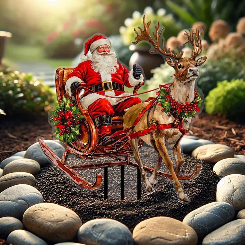 Santa Claus Riding A Reindeer Sleigh To Deliver Gifts Acrylic Outdoor Garden Waterproof Patio Plug