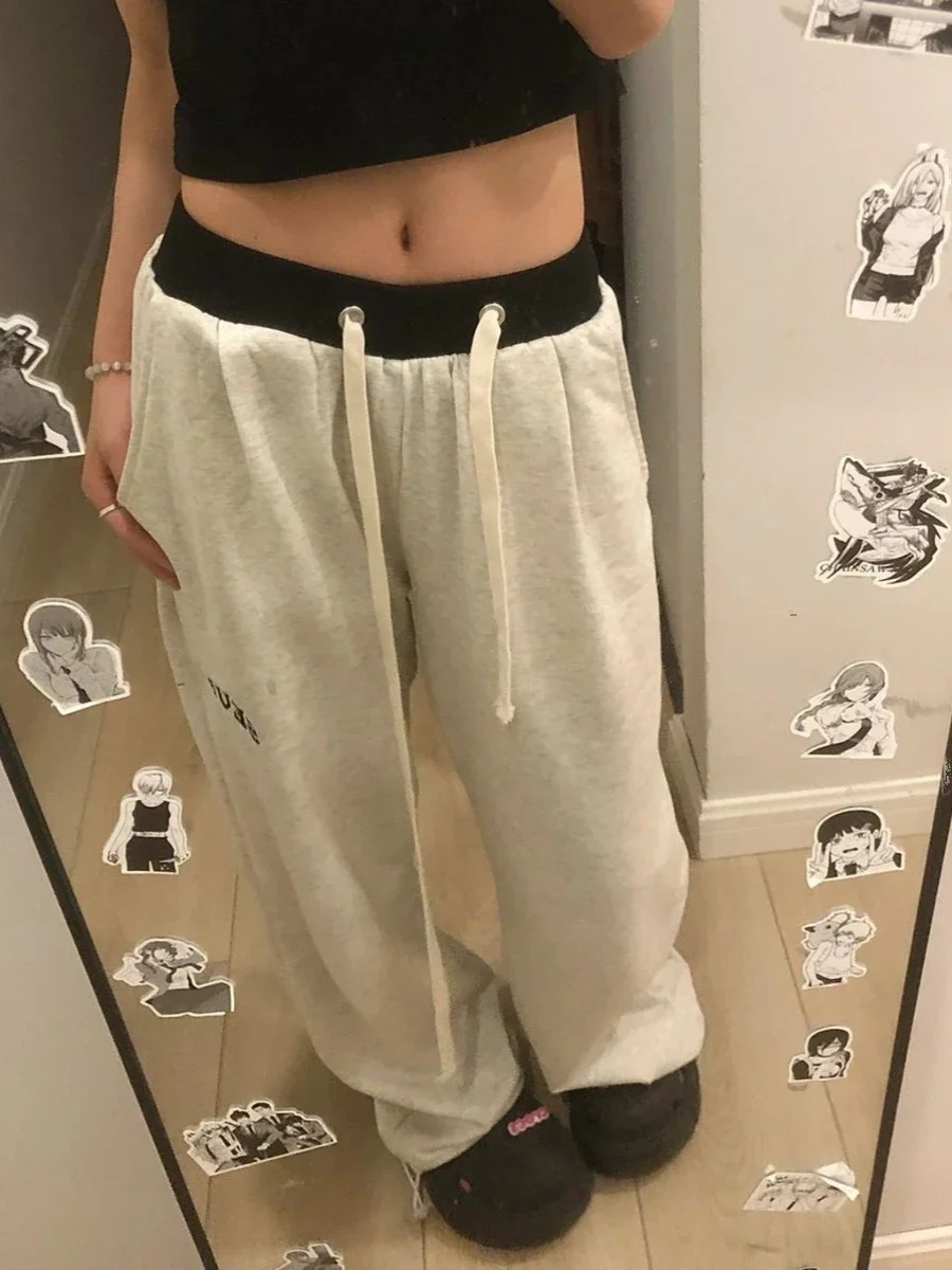 ผ้าฝ้ายอเมริกันสีเทา Sweatpants หญิงฤดูใบไม้ผลิและฤดูใบไม้ร่วงใหม่หลวมหลาขนาดใหญ่ตรงขากว้างเอวสูง Casual Sweatpants