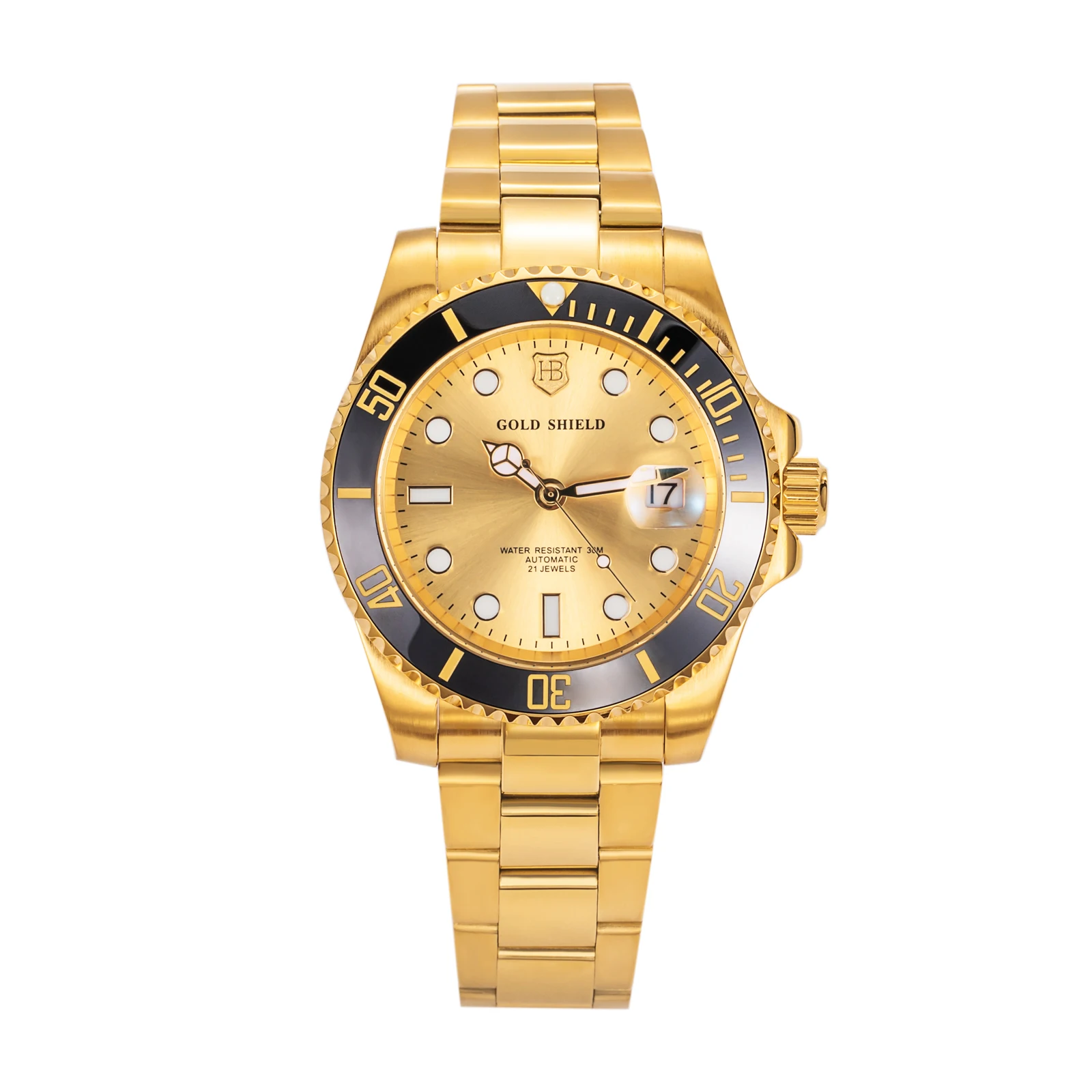 

Fashion 42mm Men's Mechanical Automatic Wristwatches 24K Gold Chronograph Dual Calendar Watch Stainless Steel Strap Waterproof
