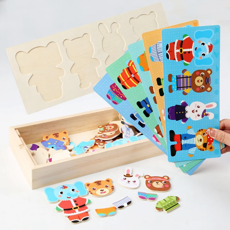 1Pc Animal Bear Change Clothes Jigsaw Puzzle Box Matching Games Wooden Dress Up Puzzles Montessori Toys Dressing Kid's Travel