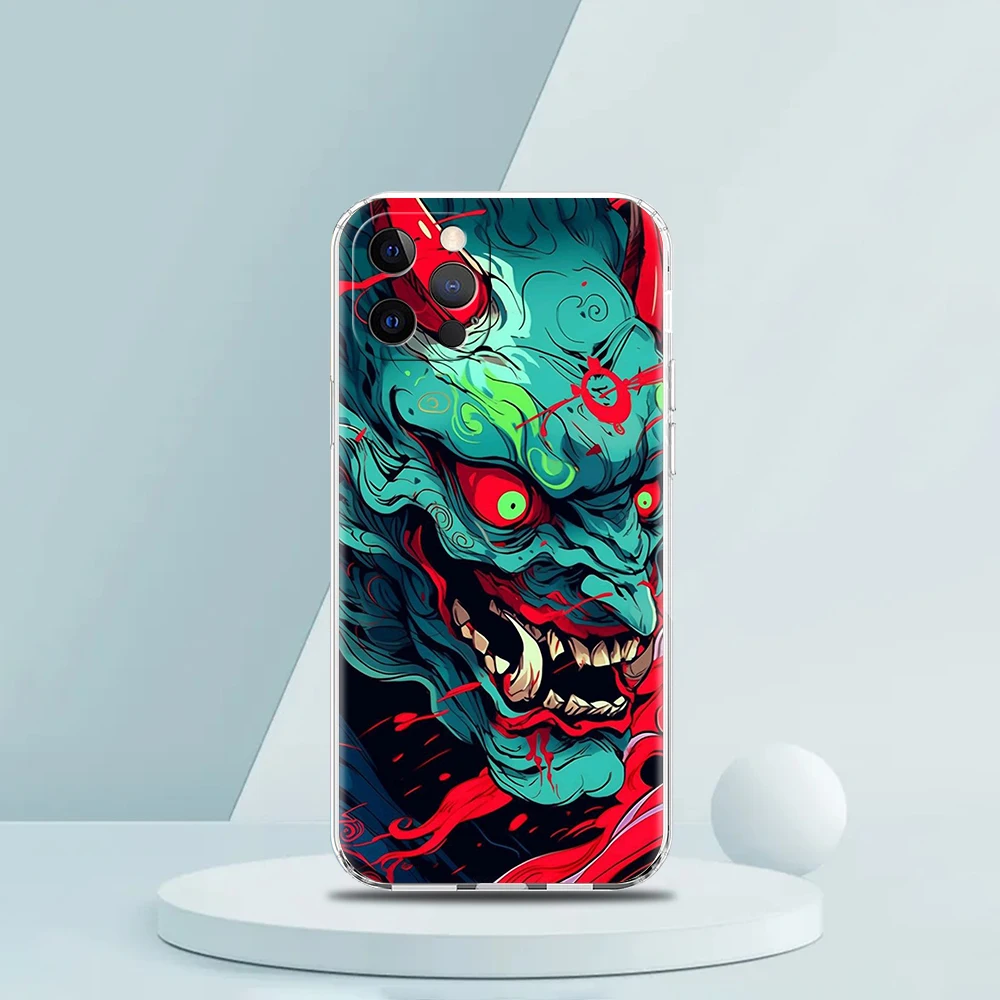 Japan Samurai Oni Mask Soft TPU Transparent Phone Case Cover for iPhone 16 15 14 13 12 11 Pro Max XR 8 7 Plus XS Max Shell Bags