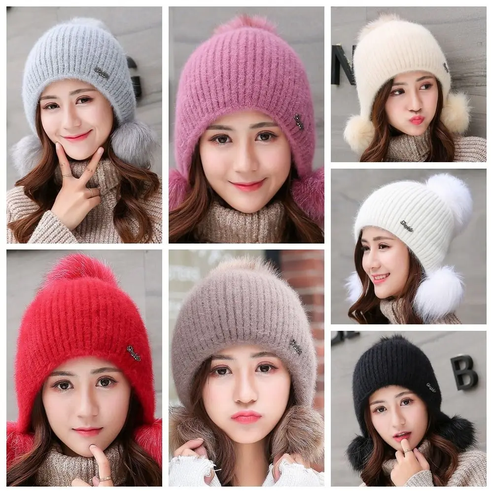Thickened Warm Knitted Hat Breathable Comfortable Fur Pompom Beanies Hat Solid Color Ear Protection Pullover Hat Women