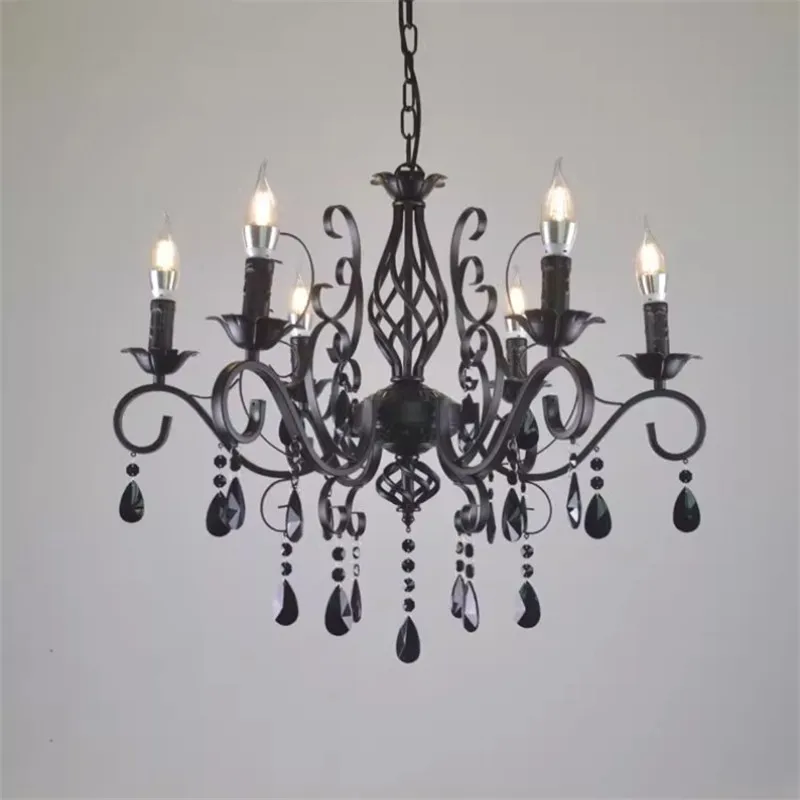 

European Style Black Wrought Iorn Chandelier Crystal Pendant Ceiling Mount Hanging Lamp For Dining Room Foryer Bedroom Lighting
