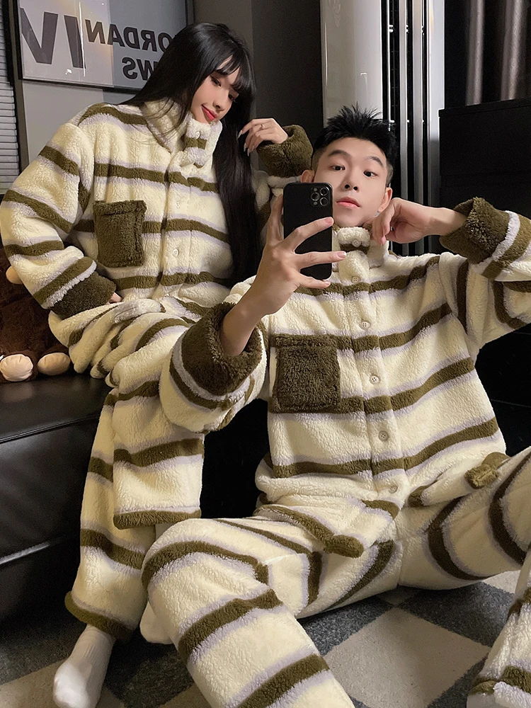 

DAIMELU long sleeved sleepwear winter coral fleece thickened pajamas men's plus size male nightwear striped youth loungewear set