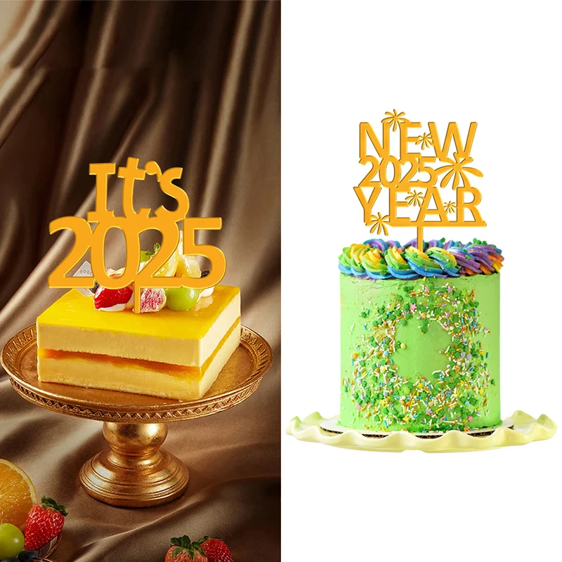 2025 Happy New Year's Golden Cake Insert Glitter Party Dessert Decoration Christmas New Year Party Acrylic Cake Inserts