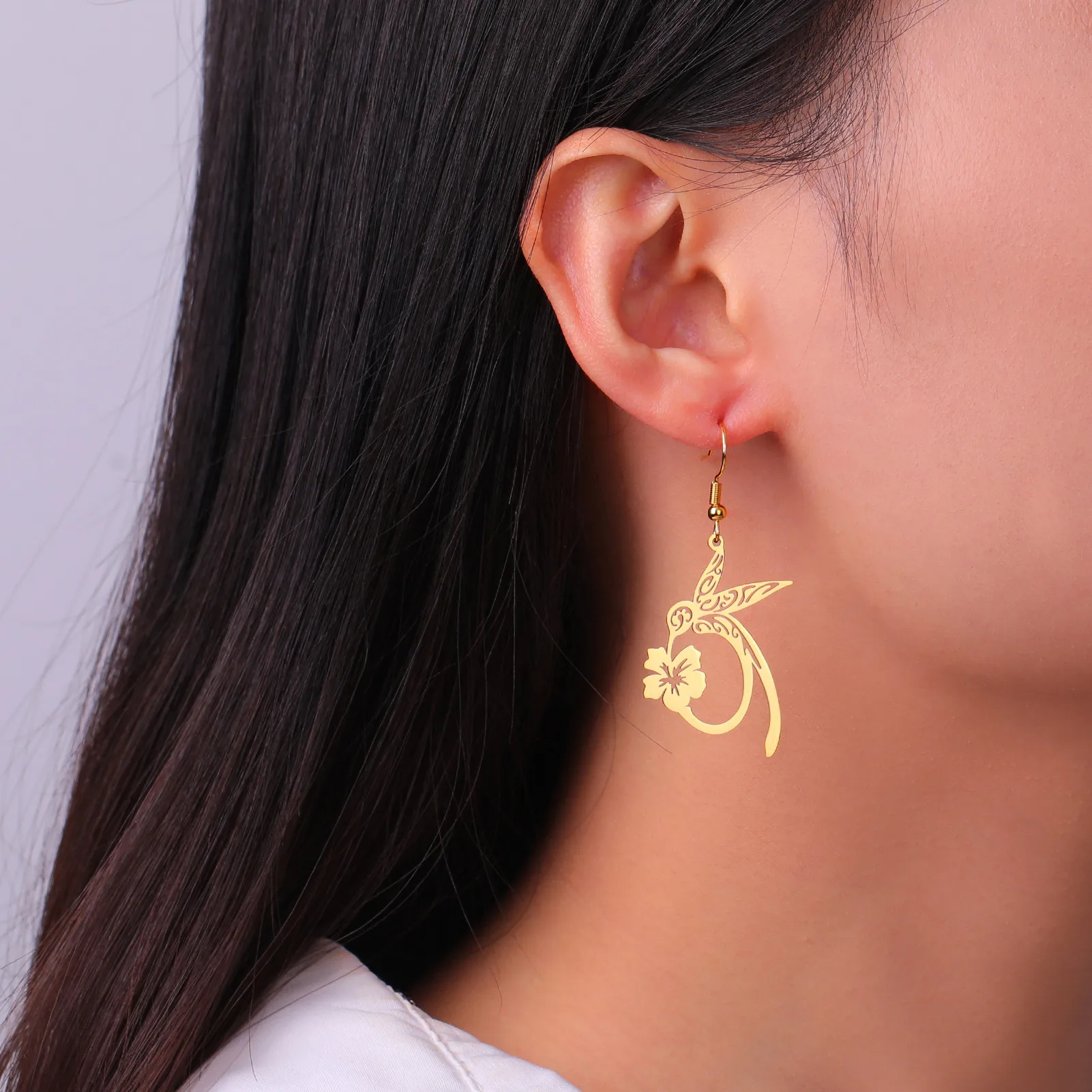 Skyrim Kolibri Blume Anhänger Tropfen Ohrring Edelstahl Gold Farbe Damen Ohrringe Tier Schmuck Valentinstag Geschenk Neu In – Detail 4