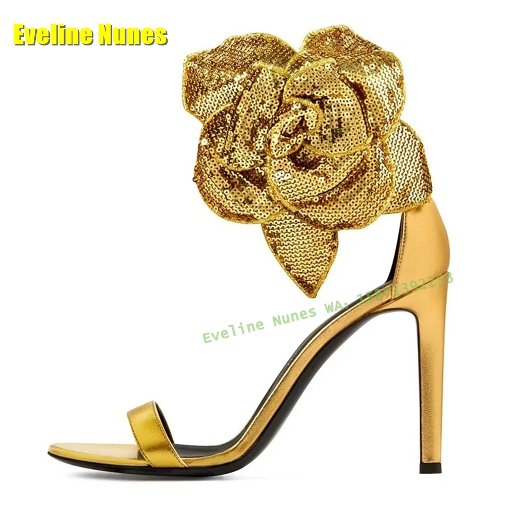 Golden Sequin Flower Sexy Sandals Open Toe Thin Heel Rhinestone Chain Women Party Shoes Large Size Runway Show 2025 Summer Trend