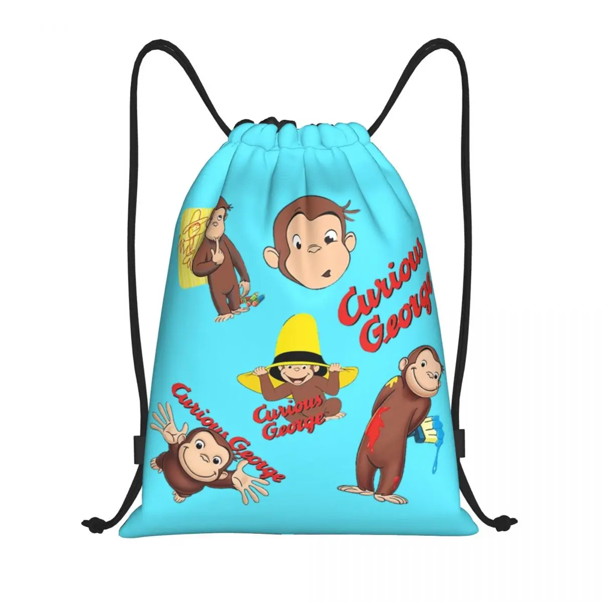 Custom Funny Anime Drawstring Backpack Sports Gym Bag for Women Men Curious George Monkey Shopping Sackpack