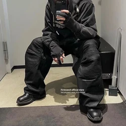 Firmranch Black Oil Wax Coated Motorcycle Armor Pleated Pants High Street Jeans Deconstructed Patchw Straight Stacked Trousers
