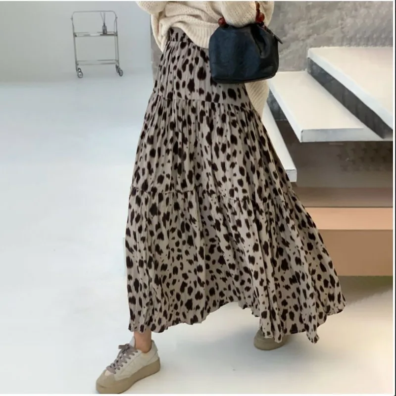 봄 스타일 허리 슬림핏 유럽풍 미국풍 드레이프 크로치 커버 레오파드 프린트 케이크 롱 스커트 넓은 밑단 여성용 스커트