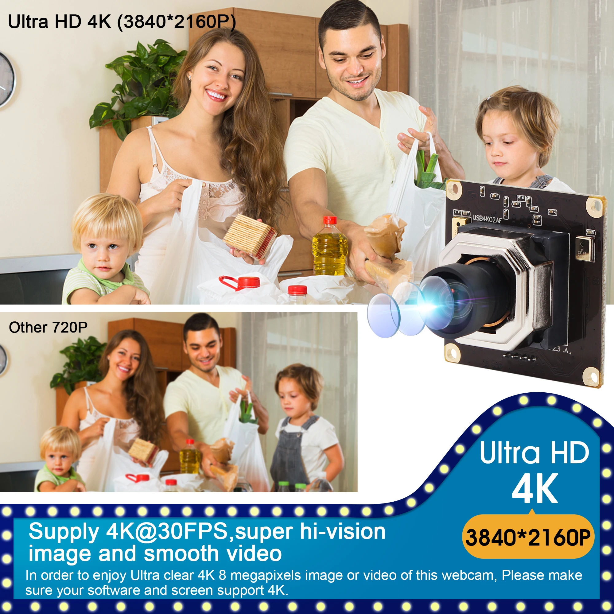 4K Ultra HD 8MP CMOS USB Camera Module IMX415 Sensor Autofocus No Distortion Lens Plug & Play UVC for Lightburn