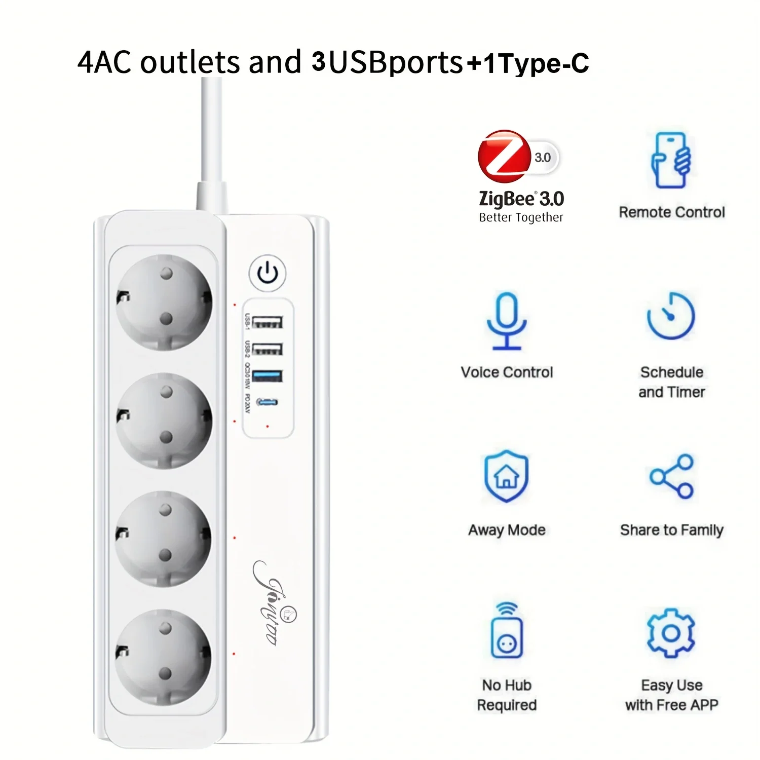 Zigbee version smart power strip with 4 AC sockets and 1 USB-C fast charger (PD 20W)&3 USB-Alexa and Google Home voice controls