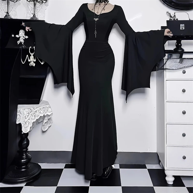 القوطية حزب فستان طويل ريترو عالية الخصر الدانتيل انقطاع متوهج كم الظلام خمر ماكسي ثوب للنساء هالوين تأثيري مخيف