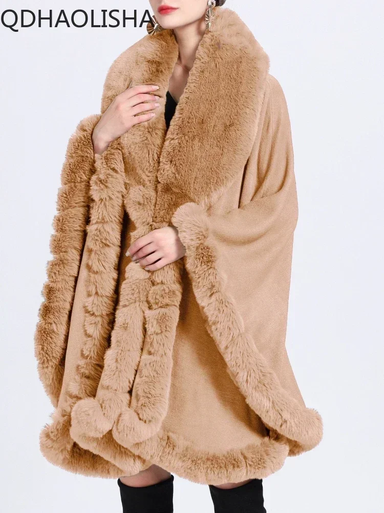 Women Fur Ponchos Coat Cardigan Elegant Casual Fur Collar Shawl Cloak Woolen Coat Oversize Batwing Sleeve Tassel Korean Fashion