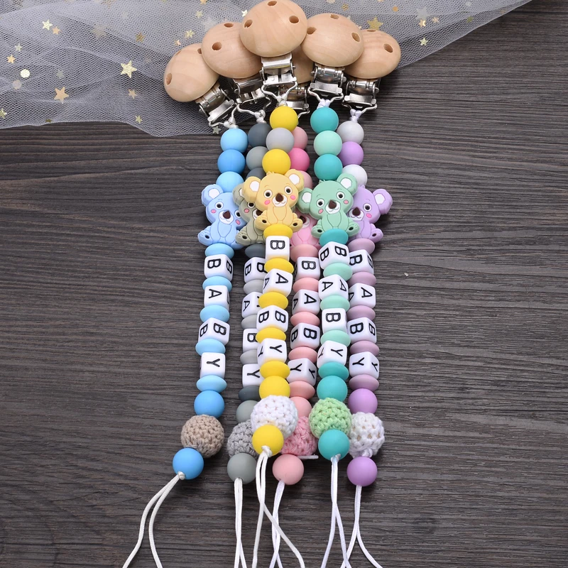 Baby Beech Teether Pacifier Clips Personalized Name Silicone Teether Geometric Crochet Beads Chain Pacifier Clips Nipple Clip