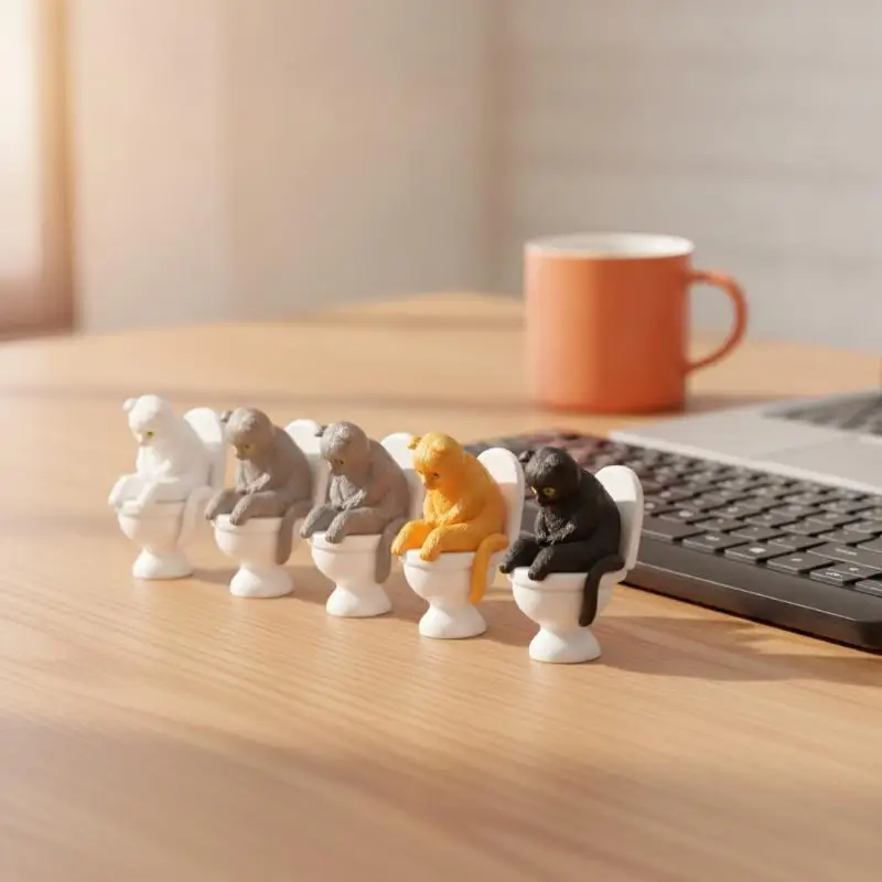 Mini Toilet Cat Figurine Funny Cartoon Resin Ornament 5 Color Options for Living Room Desk Shelf Decorative Gift