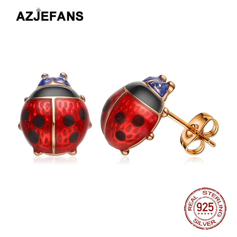 AZJEFANS 925 Sterling Silver Handmade Oil Insect Stud Earrings Ladybug Ear Studs Female Fine Jewelry