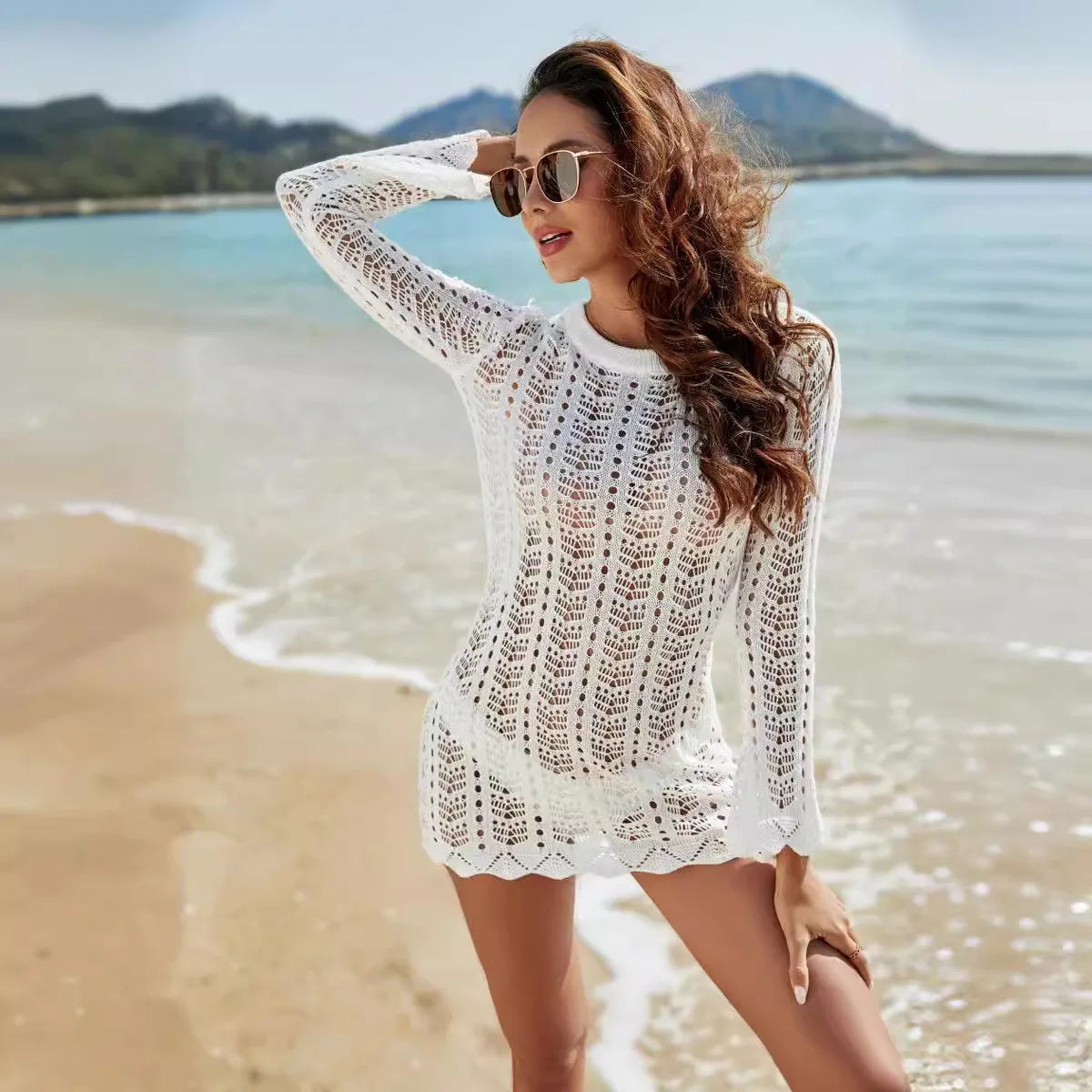 

Women's Beach Long Sleeve Dress, 2025 White Female Lace Hollow Out Dresses