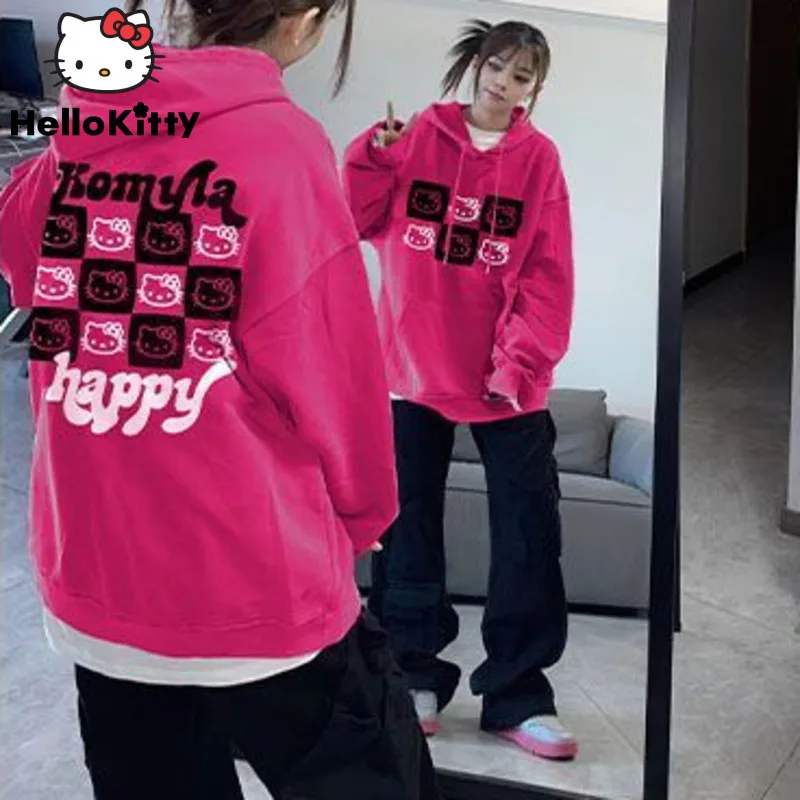 

Sanrio Hello Kitty Dopamine Dragon Fruit Color Pullovers Korean Version Fashion Casual Sweatshirt Women's Autumn Winter Hoodies