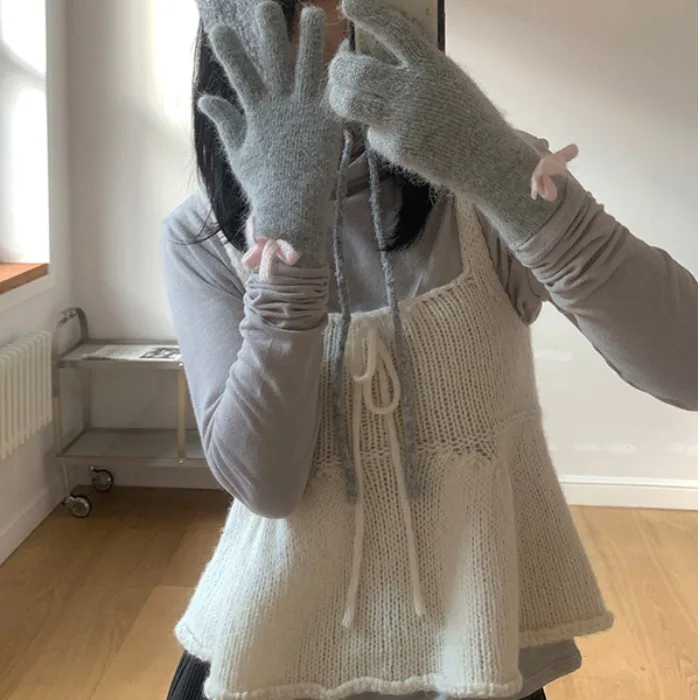 

Korean Sle Knot Tie Dotted Knitted Vest Women's Outerwear Pure Color Puffy Skirt Layering Top Spring Autumn