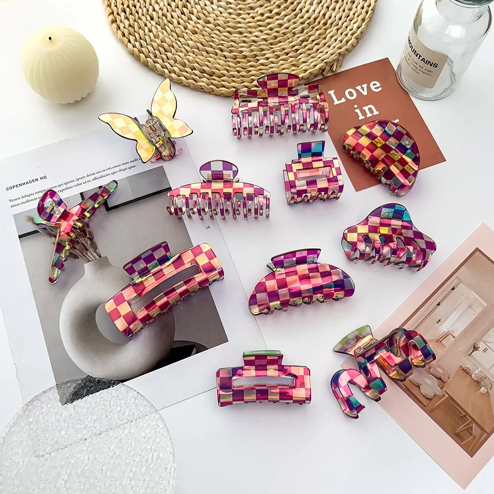 

Вирусная заколка для волос с геометрическим рисунком, заколка для волос из ацетата в стиле ретро в шахматном порядке, заколка в виде акулы, аксессуары для волос