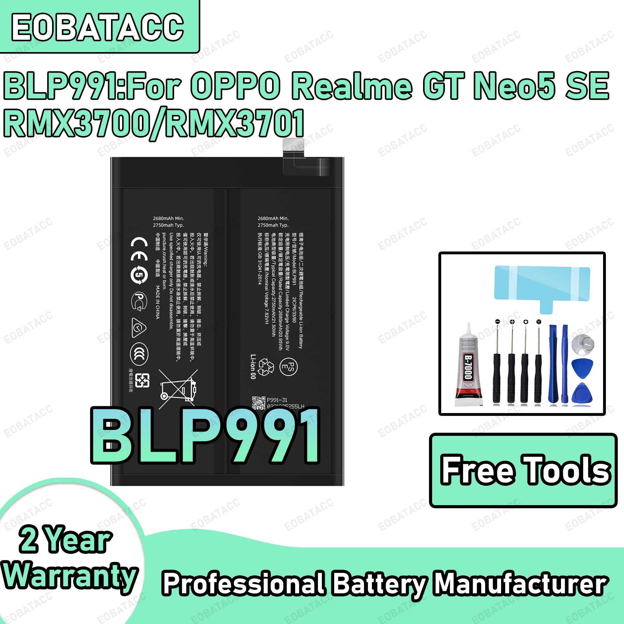 

5500mAh 100% New BLP991 Battery For OPPO Realme GT Neo5 SE/RMX3700 Replacement Bateria+Free Tools