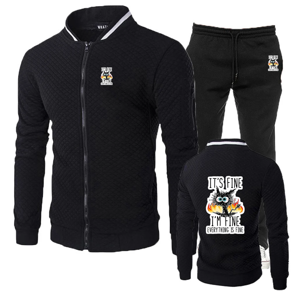 

Funny Cool Cat 2025 Men's Everything is Fine Logo Print Spring And Autumn Comfortable Casual Slim Hoodies Pants Suits