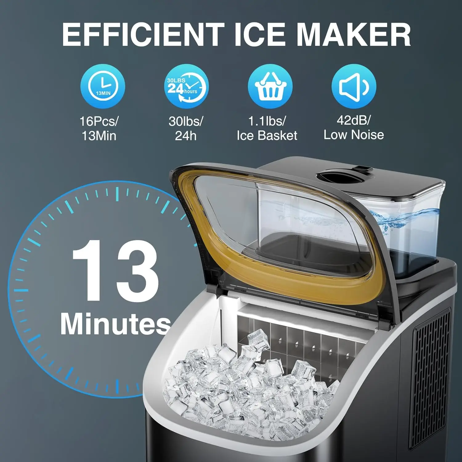 Countertop Ice Maker, 30LBS/24H Portable Ice Machine with Top External Water Tank Self-Cleaning Function 16 pcs Ice Cube/13 Mins