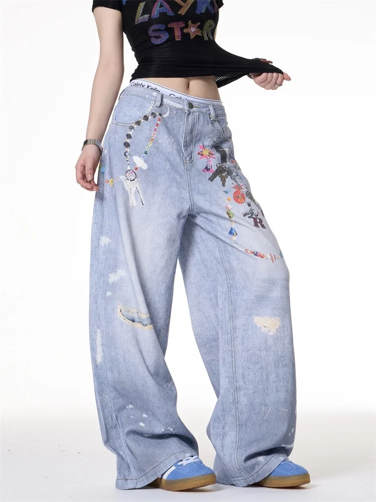 

Retro American Worn-Out Distressed Denim Jeans Women Summer Design Loose Wide Leg Floor-Length Pants High Waist Zipper