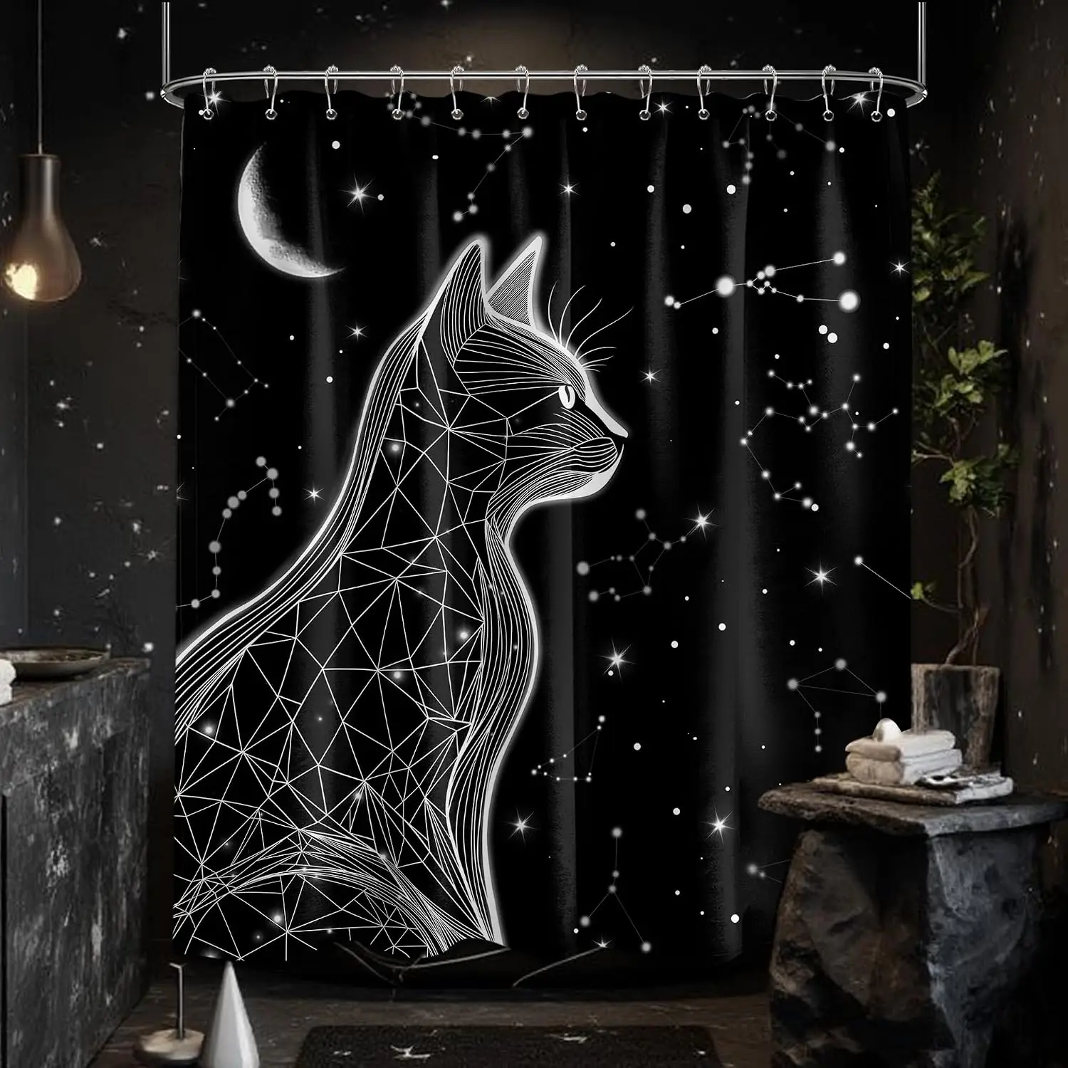 Geometric Cat Shower Curtain, Moon & Stars Line Art Print, Modern Black Bathroom Decor, Waterproof Polyester Fabric