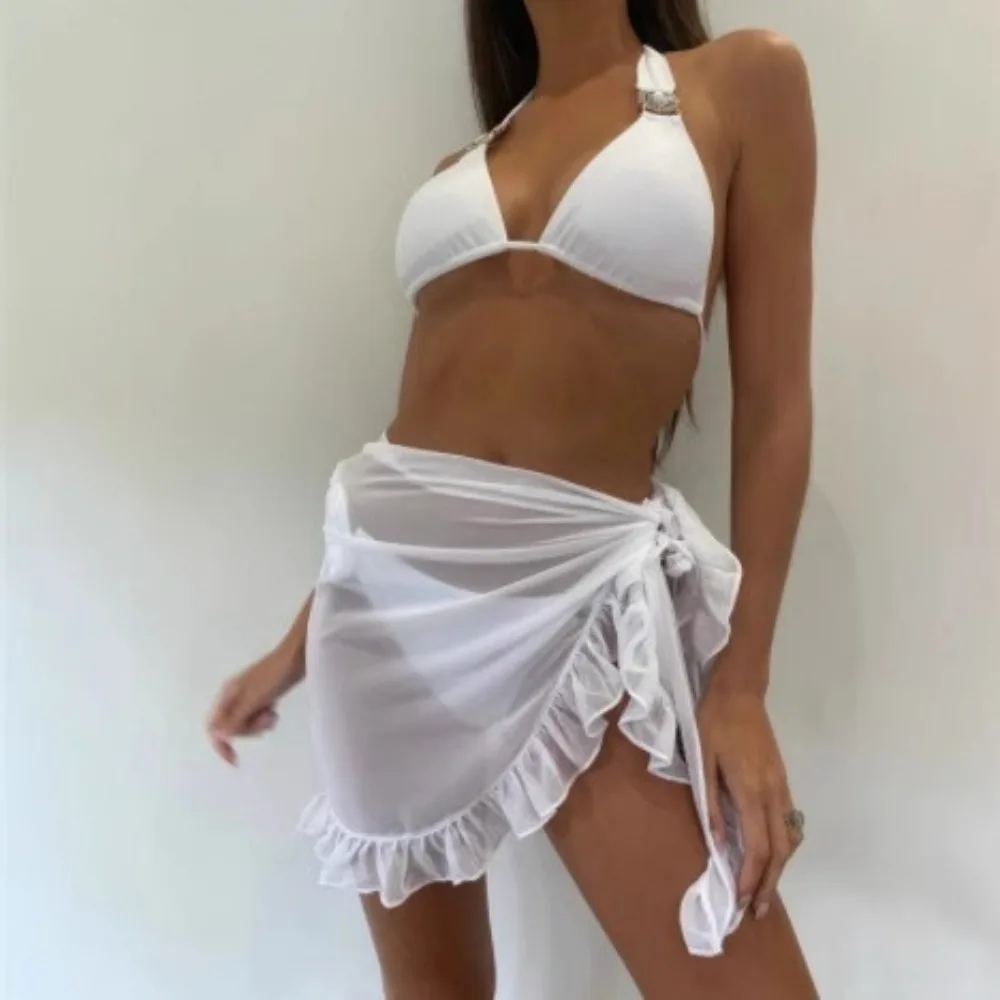 섹시한 비치 커버업 드레스 - 수영장용 여성용 쉬폰 러플 트림 셔츠 & 미니 스커트