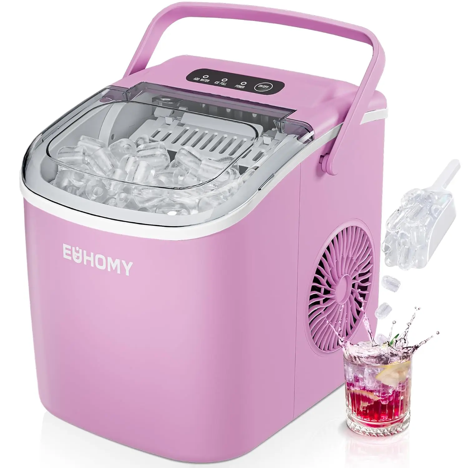 Countertop Ice Maker Machine with Handle, 26lbs Per Day, 9 Ice Cubes Ready in 6 Mins, Auto-Cleaning Portable Ice Maker (Pink)