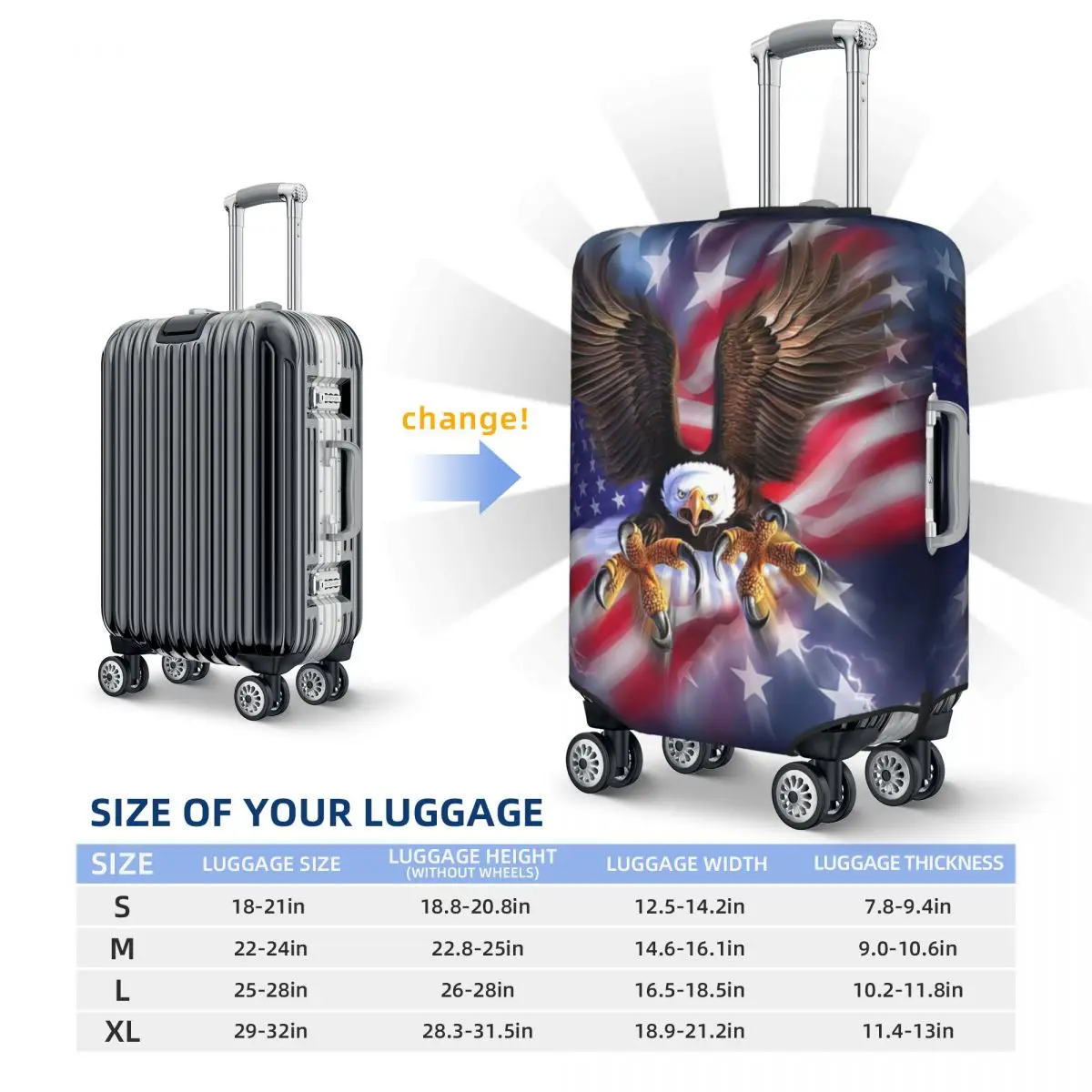 Juste de bagage imprimée Eagle United States, housses de protection anti-poussière, élastique, étanche, 18-32 ", housse de valise, accessoires de voyage