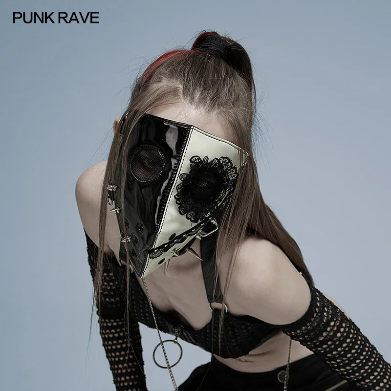 قناع لوليتا من الجلد اللامع باللونين الأسود والأبيض الداكن للنساء من PUNK RAVE، قناع وجه رائع لنادي الهالوين