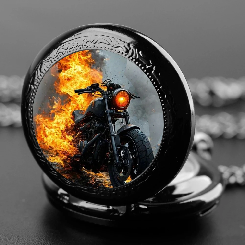 Vintage Cool Motorcycle Graphic Quartz Pocket Watch, Necklace Pendant with World Time Feature, Ideal Gift for Men Women and Kids
