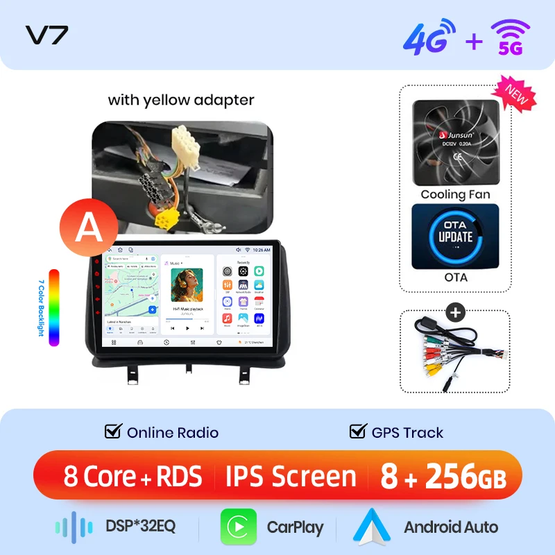 Junsun draadloze CarPlay Android Auto autoradio voor Renault Clio 3 (Mk3 / BR/CR) 2005-2014 met ingebouwde koelventilator, Android GPS navigatie, multimediaspeler, WiFi, DSP, RDS, BT, SWC, IPS