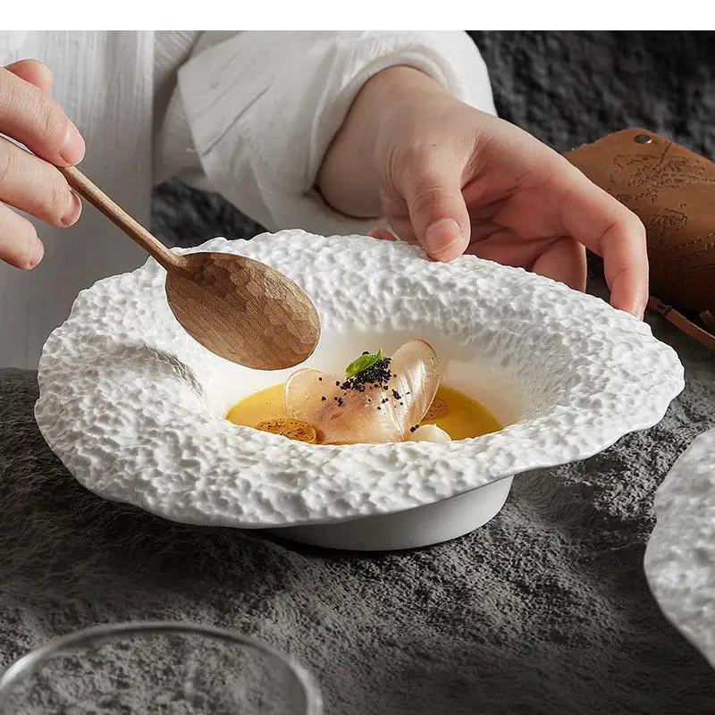 Rock Texture Ceramic Main Dish Plate Hotel Restaurant Household Dinner Pasta Salad Mushroom Soup Plates Hat Shaped Bowl