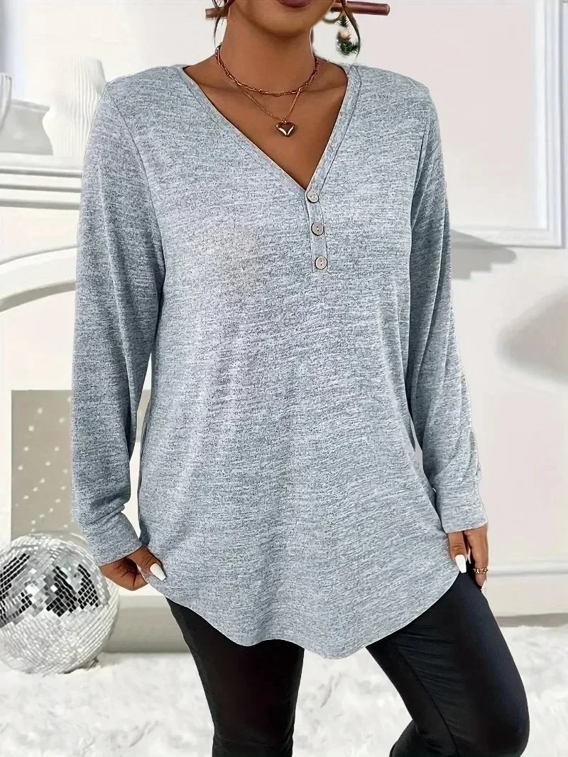 

Plus Size 1XL-5XL Women Solid Color Fashion V-neck Button-up T-shirt Casual Loose T-shirt Curves Long Sleeve T-shirt