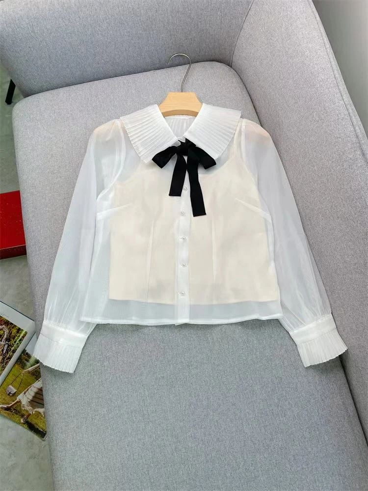 2024 Autumn New Fashion Temperament Set Women Pleated Lapel Bow Lace-up Transparent Shirt or Black Velvet Skirt Ladies Suit