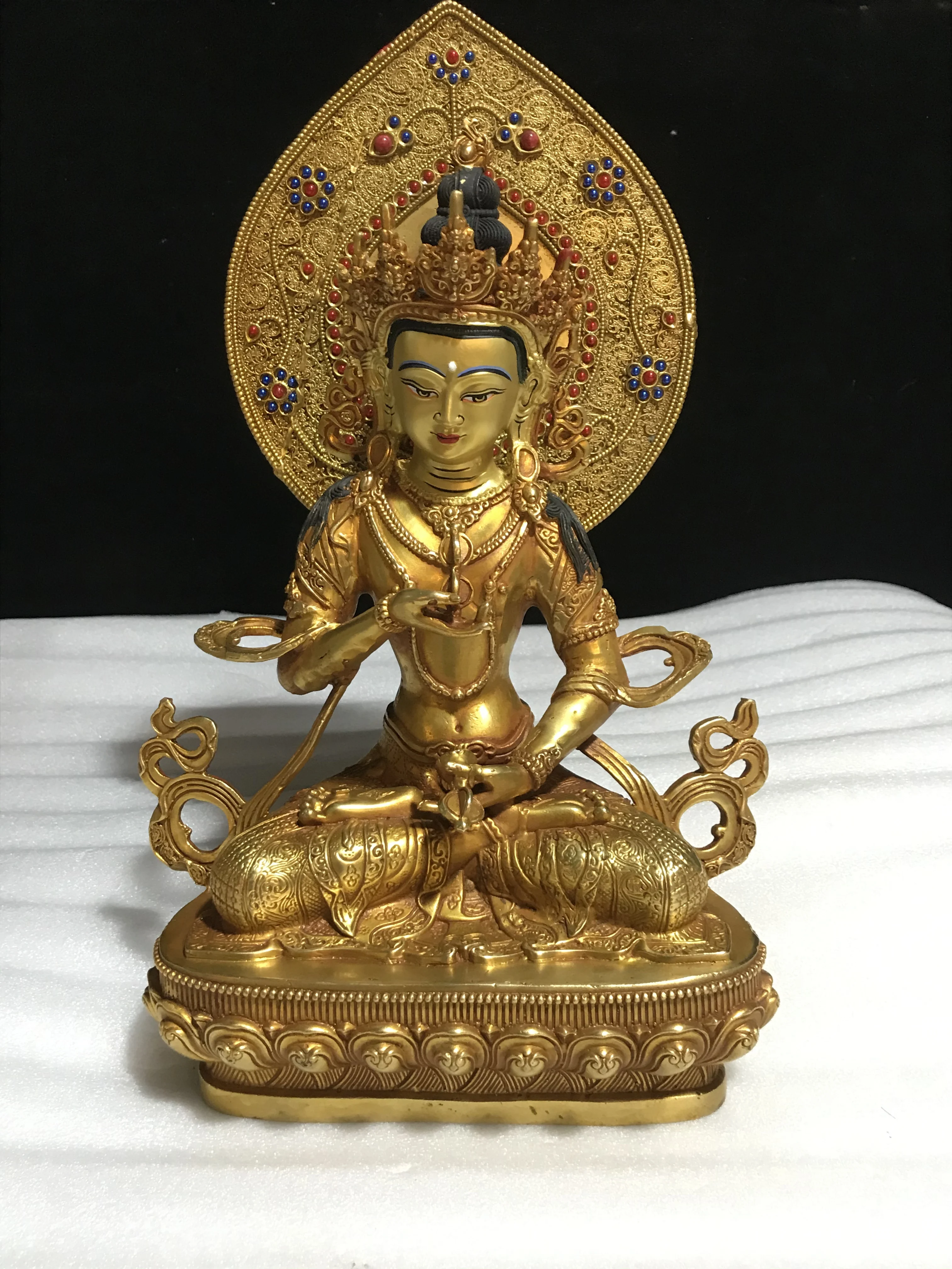 

10 inch Tibetan Pure Copper Gilded Vajra Sutra Buddha Statue Brass One Foot Backlit Tantric Bronze Statue Ornament