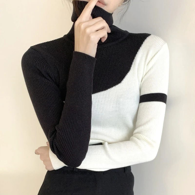 

Chic High Ne Long Sve Slim Fit Knitted T-irt Color Blo Design Korean Sle Commute Faion Autumn Top Women's Clothing