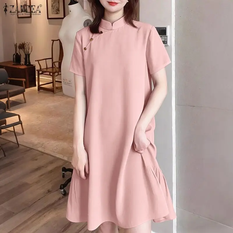 

ZANZEA Fashion Short Sleeve Shirt Dresses Women Stand Collar Solid Knee-Length Casual Sundress 2026 Summer Office Lady Vestidos