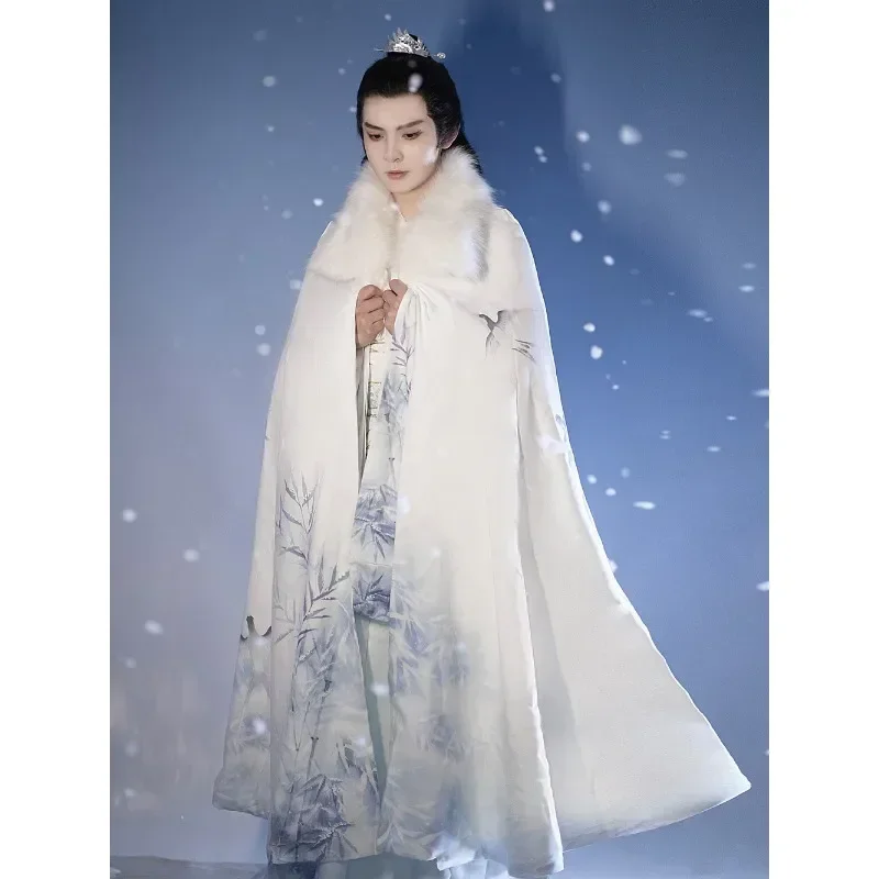 

2023 Winter Original White Bamboo Printed Hanfu Dress with Warm Cloak Chinese Style Hanfu for Men Swordsman Cosplay Costumes